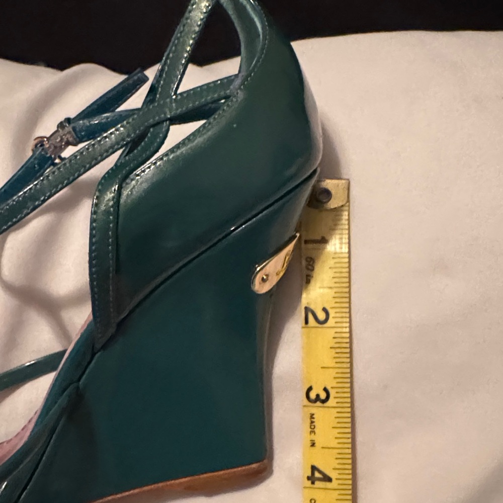 Louis Vuitton Teal Patent Leather Wedge Sandal with Logo Plaque - Picture 8 of 8